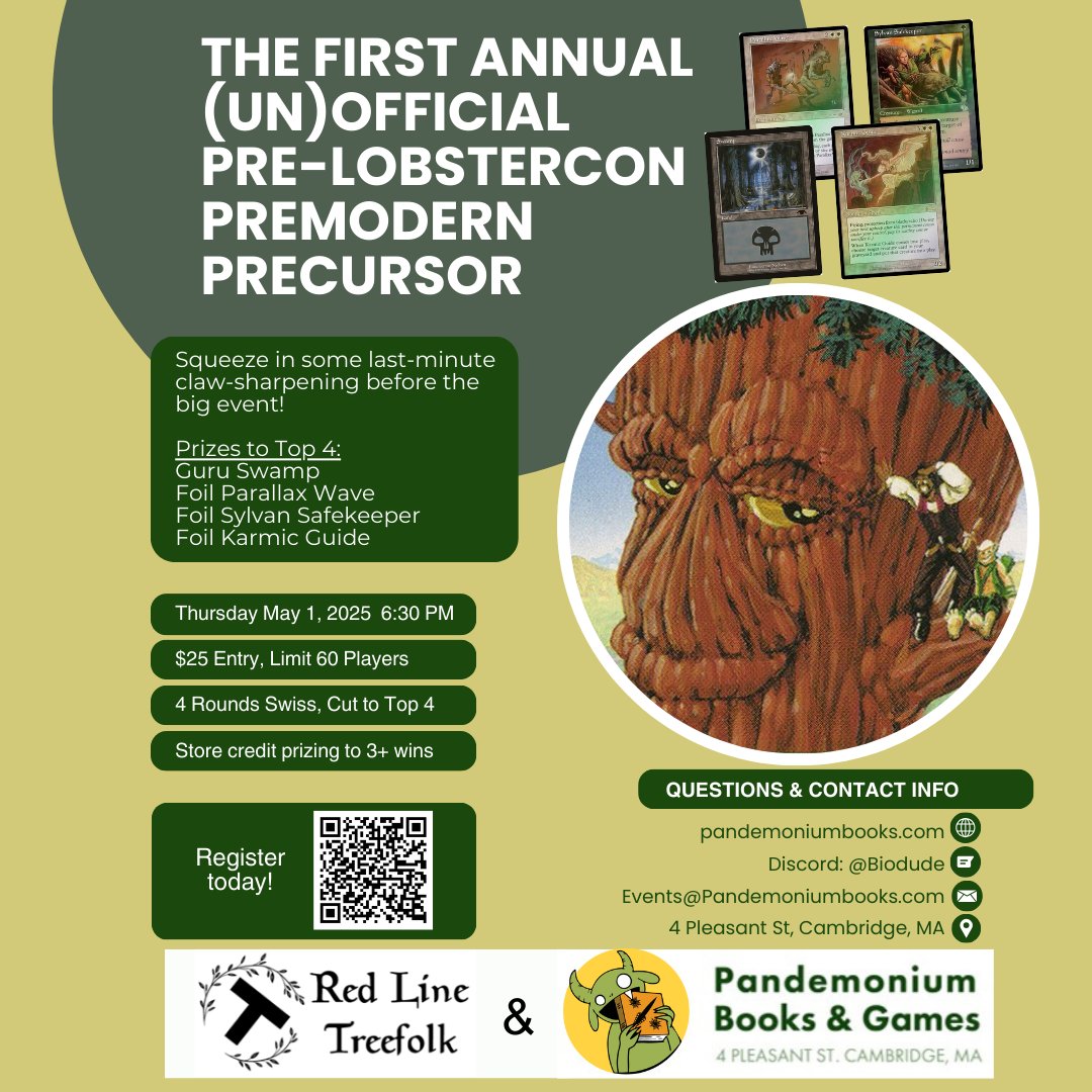 May 1st we are hosting a Pre-Lobstercon Premodern tournament with Red Line Treefolk!

Sign-ups available now!
pandemoniumbooks.com/products/pre-m…