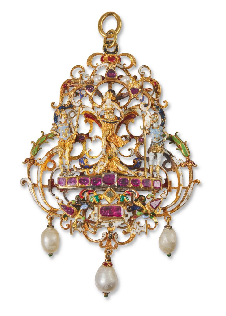 Talk about spectacular gems – this narrative pendant depicts Salome with the head of John the Baptist.

Salome brooch, Pendant, Gold, rubies, pearls, enamel, c. 1600-1650, @christiesinc 

#AntiqueOftheDay