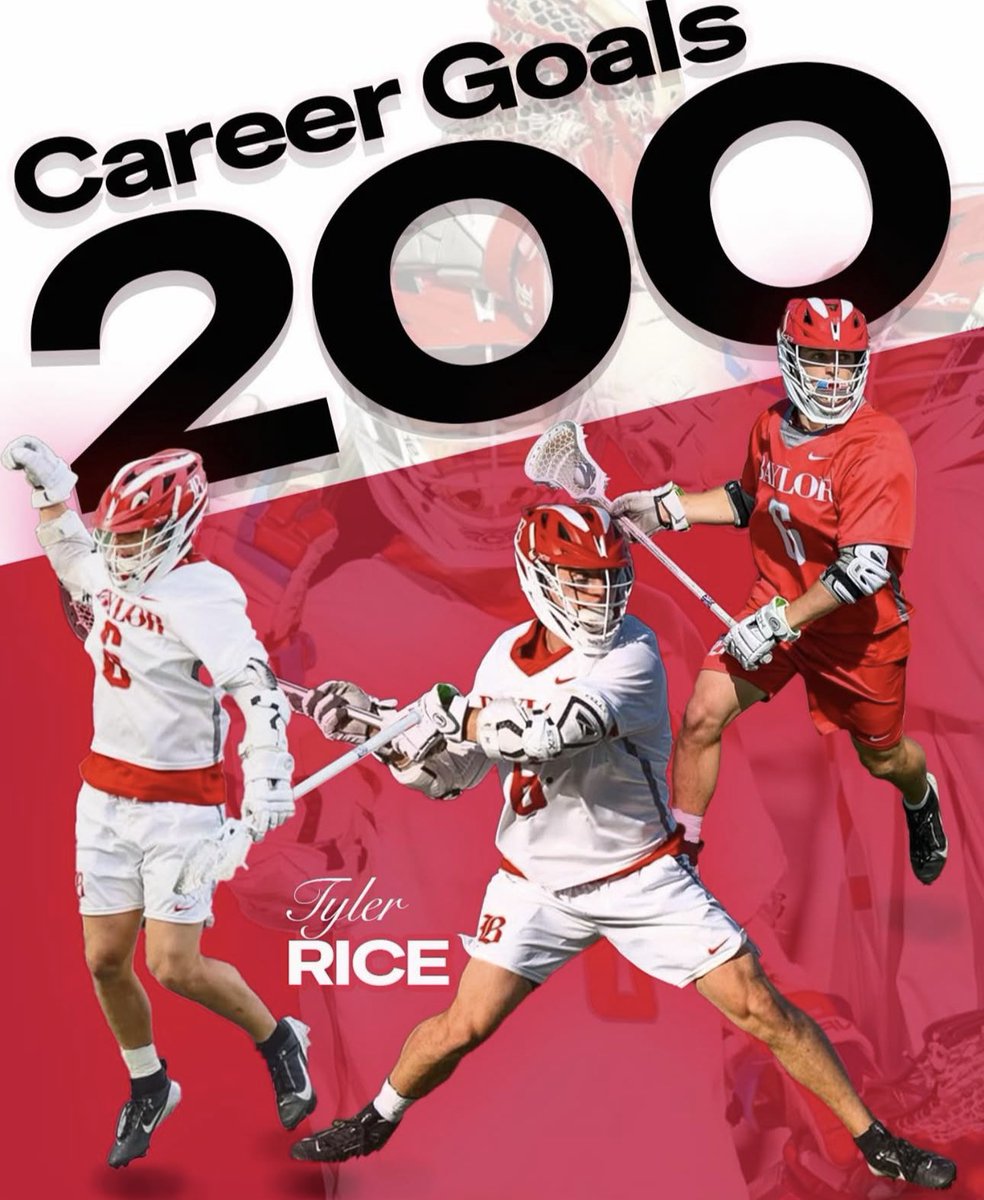 Congratulations, Tyler Rice!
200 Career Goals and counting!

Tyler becomes the first player in Baylor Lacrosse history to reach this incredible mark. A true competitor, leader, and Red Raider through and through.

Keep making history, T!

#WeAreBaylor #BaylorLacrosse #200Goals