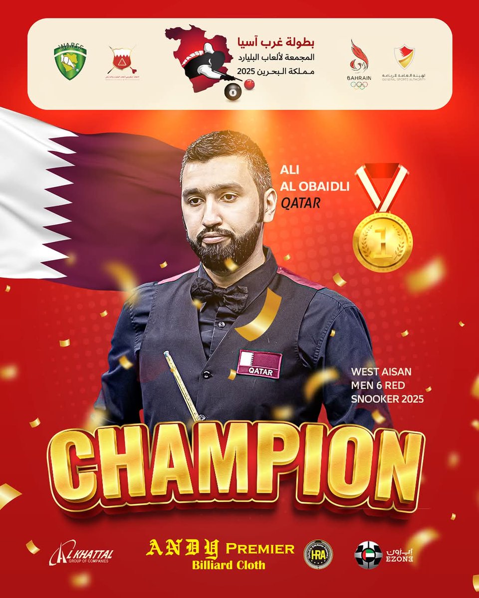 ACBSport's tweet photo. Gold for Qatar ! Ali Al Obaidli wins the Men’s 6-Red Snooker title at the 2025 West Asian Championship in Bahrain. ACBS congratulates him on this proud achievement.
#ACBS #6RedSnooker #WestAsianChampionship #QatarPride #CueSports #SnookerChampion #AsianCueSports #QatarWins https://t.co/9HErMQrRaw
