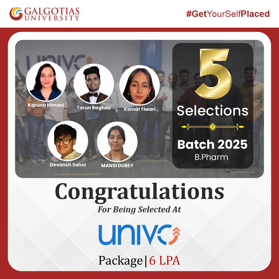 GalgotiasGU's tweet photo. Announcing Yet Another Remarkable Achievement!
Congratulations to our 5 talented B.Pharm students from the Batch of 2025 for securing placements at Univo with an impressive package of 6 LPA.
Your success reflects the strength of our academic foundation and industry-oriented training. Wishing you all continued success in your professional journey!

#GetYourselfPlaced #GalgotiasUniversity #PharmacyPlacements #Univo #PlacementSuccess #CareerOpportunities #BPharm #Batch2025 #PlacementPowerhouse