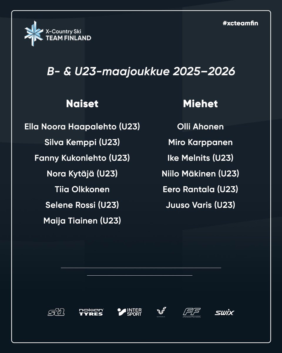 Kohti kautta 2025–2026 ⭐️🚀 Maastohiihdon A-, B- ja U23-maajoukkueet tulevalle kaudelle on nimetty. Tulevan kauden kohokohtana siintävät Milano-Cortinan olympialaiset ja paralympialaiset.

Lue lisää: hiihtoliitto.fi/maastohiihdon-…

#xcteamfin #hiihto #parahiihto