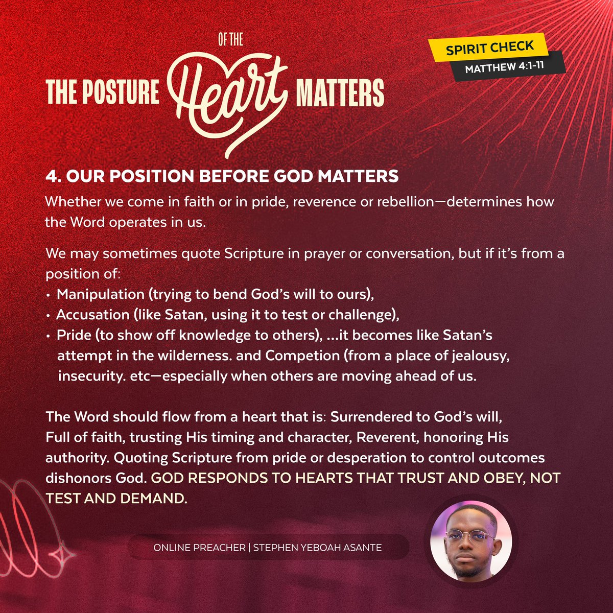 The Posture of the Heart Matters
Your identity in Christ isn’t proven by talk—but by obedience
Let the Word form your heart before your mouth.

#SpiritCheck | #HeartMatters | #OnlinePreaching #deprem