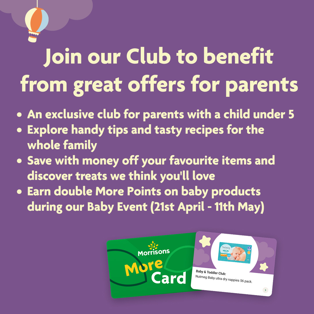 Morrisons's tweet image. Swipe to see how to sign up to our Baby Club and all the benefits of joining 👶🍼 Sign up today through our More Card App 💚 morrisons.com/more/
