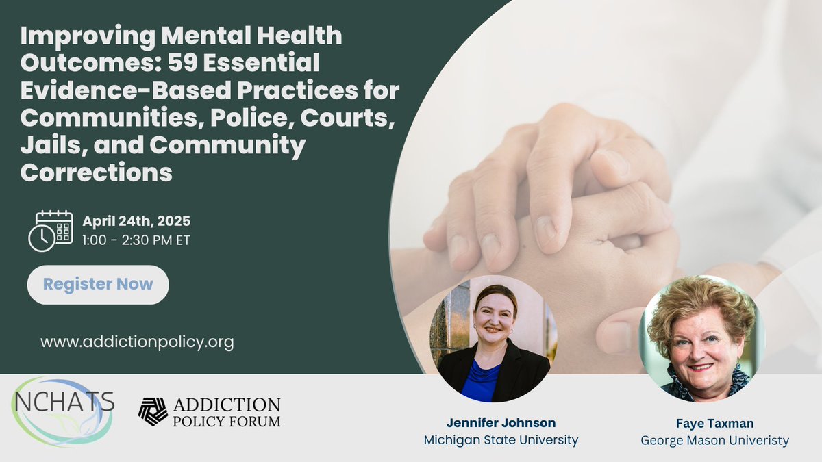 Final reminder! 🚨 Join Drs. Johnson &amp; Taxman tomorrow (4/24) at 1 PM for a webinar on improving mental health for justice-involved populations. Learn 59 evidence-based practices for communities, police, courts &amp; corrections. Register: bit.ly/43Fvcfm
