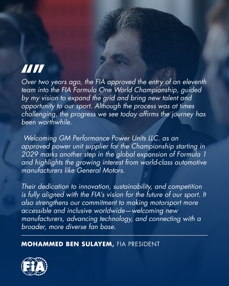 GM Performance Power Units has officially been approved by the FIA as a power unit supplier for the FIA Formula One World Championship starting in 2029.

#FIA #F1