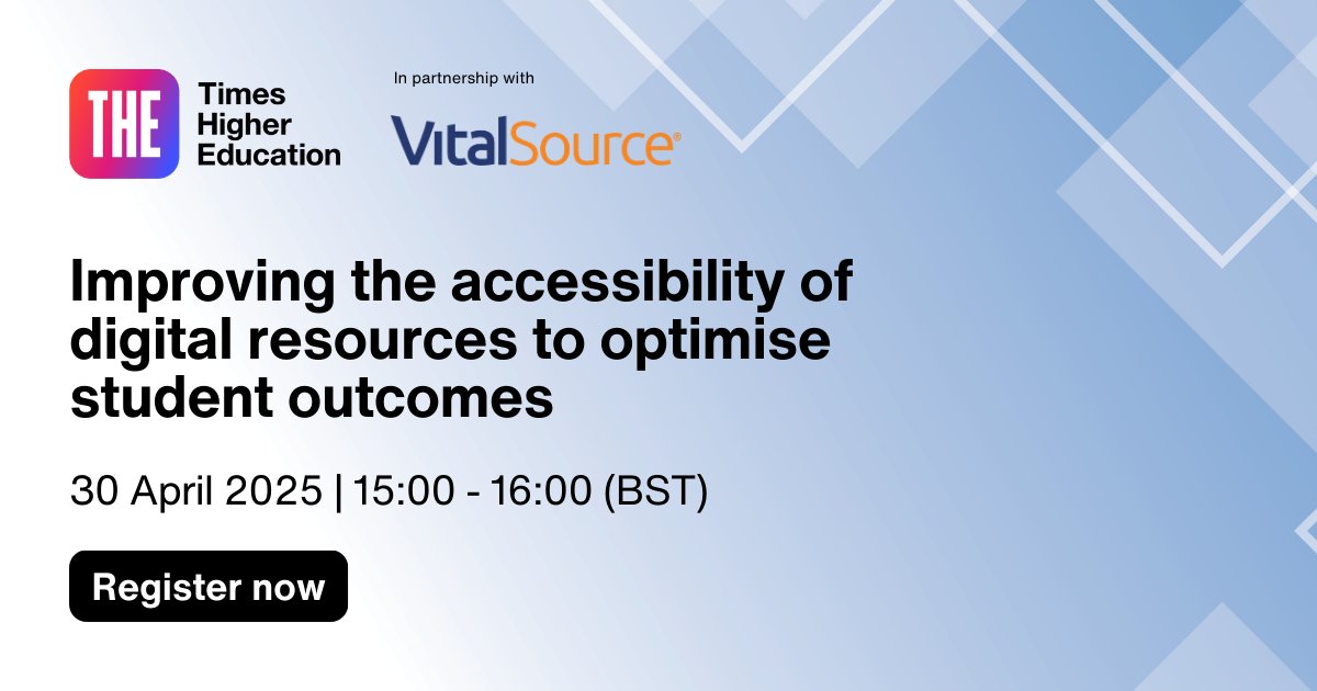 THE Events (@theeventsglobal) on Twitter photo 💻Don't miss the opportunity to join THE and <a href="/vitalsource/">VitalSource®</a> for our webinar on 30 April 2025.
The webinar will feature a panel of experts who will discuss "Improving the accessibility of digital resources to optimise student outcomes."
🔗Register for FREE: timeshighereducation.zoom.us/webinar/regist… 💻Don't miss the opportunity to join THE and <a href="/vitalsource/">VitalSource®</a> for our webinar on 30 April 2025.
The webinar will feature a panel of experts who will discuss "Improving the accessibility of digital resources to optimise student outcomes."
🔗Register for FREE: timeshighereducation.zoom.us/webinar/regist…