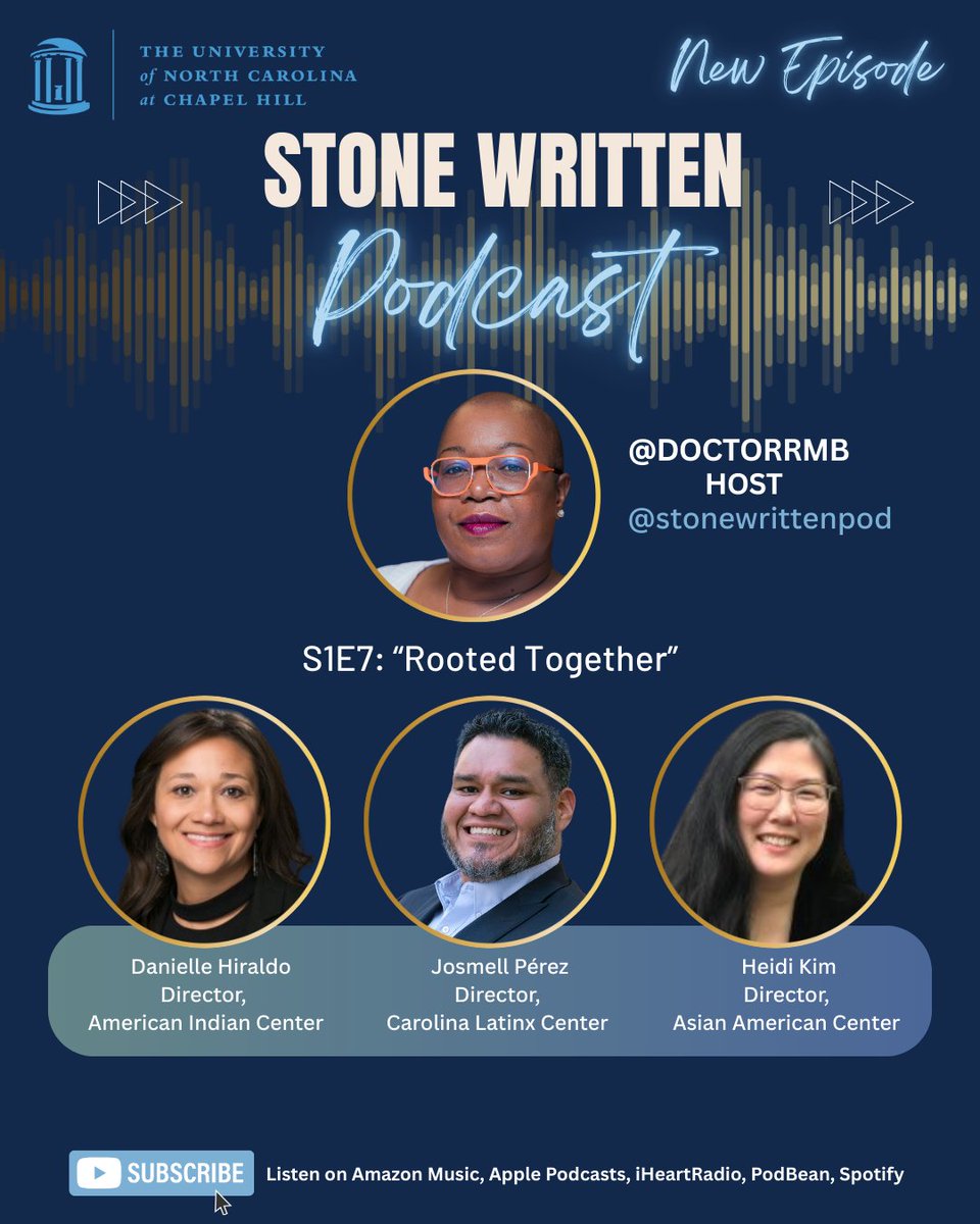 UNC Stone Center (@uncstonecenter) on Twitter photo NEW Episode! Join Dr. Rhon as she hosts a riveting discussion with directors Danielle Hiraldo, Heidi Kim, and Josmell Pérez, leaders of key academic and community engagement centers at UNC-Chapel Hill. Listen now go.unc.edu/Yt56X
<a href="/UNC_AIC/">UNC American Indian Center</a> <a href="/UNC_AAC/">UNC Asian American Center</a> <a href="/UNC_CLC/">llama de orgullo: embracing the fire within ❤️🔥</a>
#UNCStoneCenter NEW Episode! Join Dr. Rhon as she hosts a riveting discussion with directors Danielle Hiraldo, Heidi Kim, and Josmell Pérez, leaders of key academic and community engagement centers at UNC-Chapel Hill. Listen now go.unc.edu/Yt56X
<a href="/UNC_AIC/">UNC American Indian Center</a> <a href="/UNC_AAC/">UNC Asian American Center</a> <a href="/UNC_CLC/">llama de orgullo: embracing the fire within ❤️🔥</a>
#UNCStoneCenter