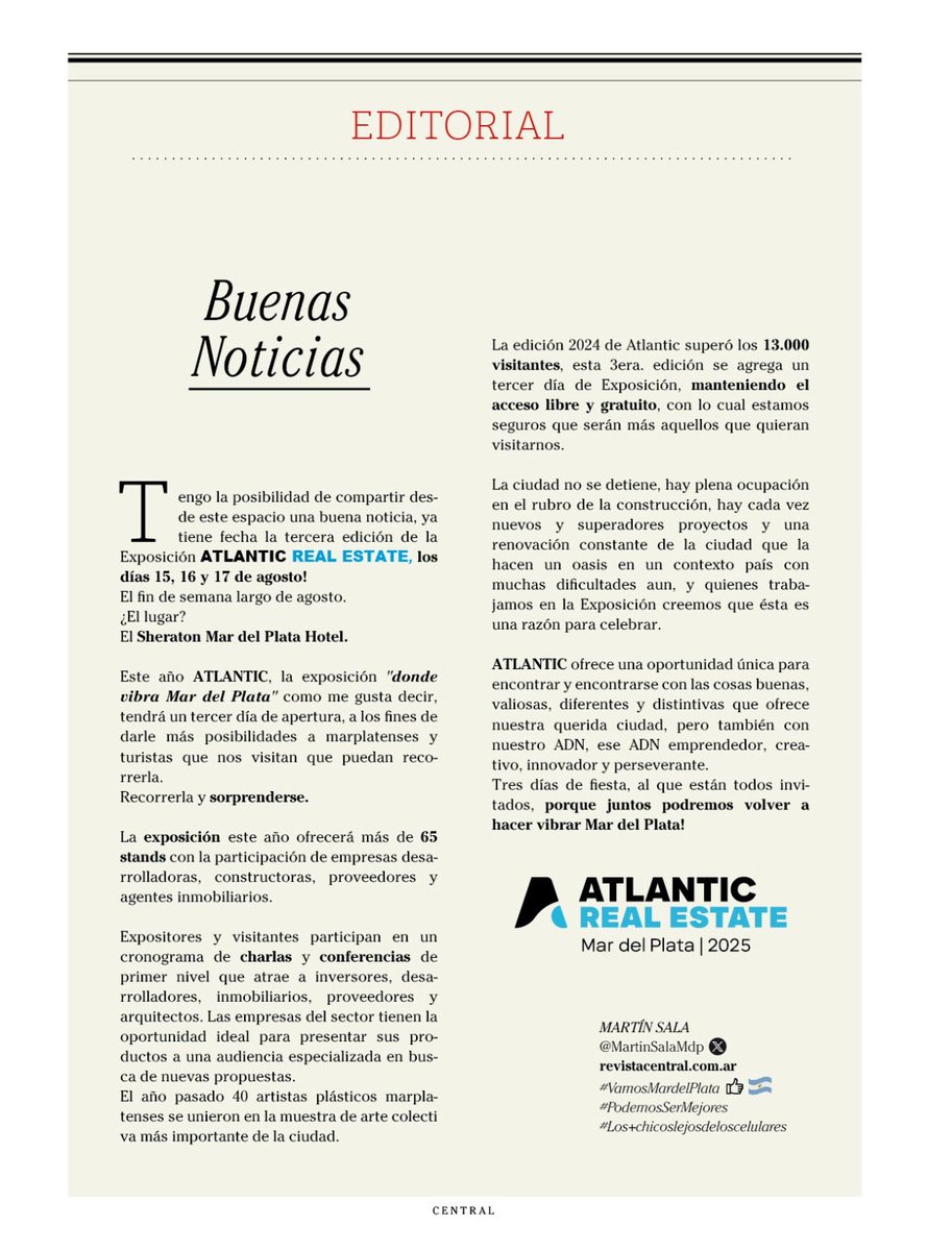 Revista Central (@revistacentral1) on Twitter photo Les compartimos el texto Editorial que escribió <a href="/MartinSalaMdp/">Martín Sala</a> para <a href="/RevistaCentral1/">Revista Central</a> #146, “Buenas Noticias” <a href="/Atlanticmdq/">Atlanticrealestatemdq</a> !
La edición completa p descargar y compartir en: revistacentral.com.ar
<a href="/pepebasko/">PEPE BASKO</a> <a href="/MiguelGabbin/">Miguel Gabbin</a> <a href="/mardelplata/">Turismo Mar del Plata</a> Les compartimos el texto Editorial que escribió <a href="/MartinSalaMdp/">Martín Sala</a> para <a href="/RevistaCentral1/">Revista Central</a> #146, “Buenas Noticias” <a href="/Atlanticmdq/">Atlanticrealestatemdq</a> !
La edición completa p descargar y compartir en: revistacentral.com.ar
<a href="/pepebasko/">PEPE BASKO</a> <a href="/MiguelGabbin/">Miguel Gabbin</a> <a href="/mardelplata/">Turismo Mar del Plata</a>