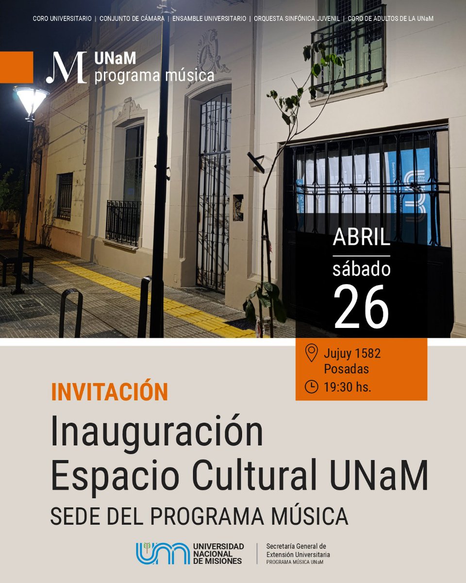 Más actividades de la UNaM ❤️
Sumate a la reinauguración del Espacio Cultural UNaM. El próximo sábado 26 de abril a partir de las 19.30 en calle Jujuy 1582 casi Sarmiento (Posadas). 
Mucha música, arte y cultura.