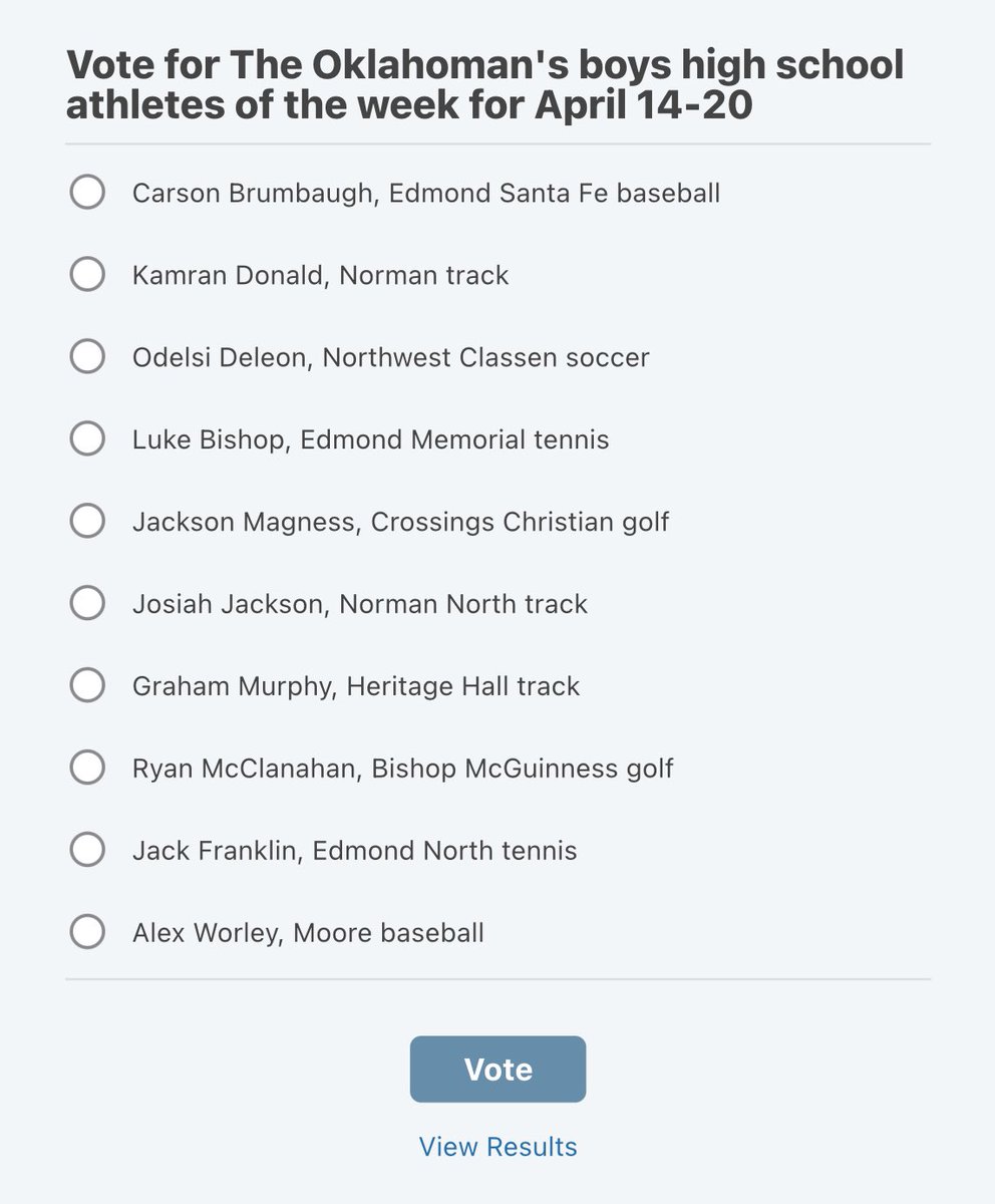 Voting for The Oklahoman's #OKPreps high school boys player of the week poll presented by Landmark Fine Homes is now open for April 14-20.

Fans can vote until noon Saturday: oklahoman.com/story/sports/h…