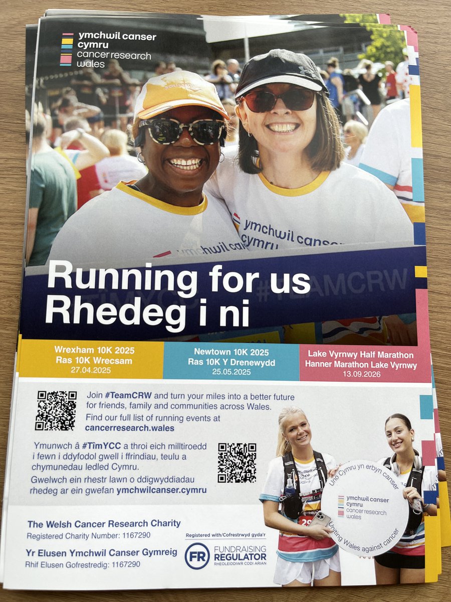 Ready to run with purpose?

Join #TeamCRW and turn your miles into hope for families, friends, and communities across Wales!

Choose your race:

- Wrexham 10K: 27.04.2025
- Newtown 10K: 25.05.2025
- Lake Vyrnwy Half Marathon: 13.09.2026

Sign up today: cancerresearch.wales
