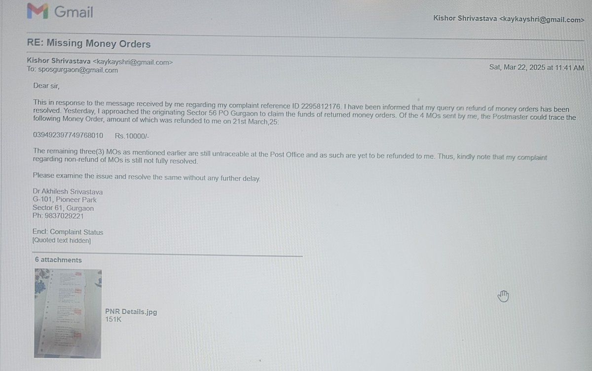 kkshrivastav1's tweet photo. @JM_Scindia @Officejmscindia @IndiaPostOffice  My Sr Citizen brother in law is running pillar to post to get refund of undelivered EMOs for over 3 years. 45000/- stuck with Post Office Sec56 Gurgaon with no relief. Happen twice in 2022 and now in 2025. Help recover my money. https://t.co/2Ecul68vFP