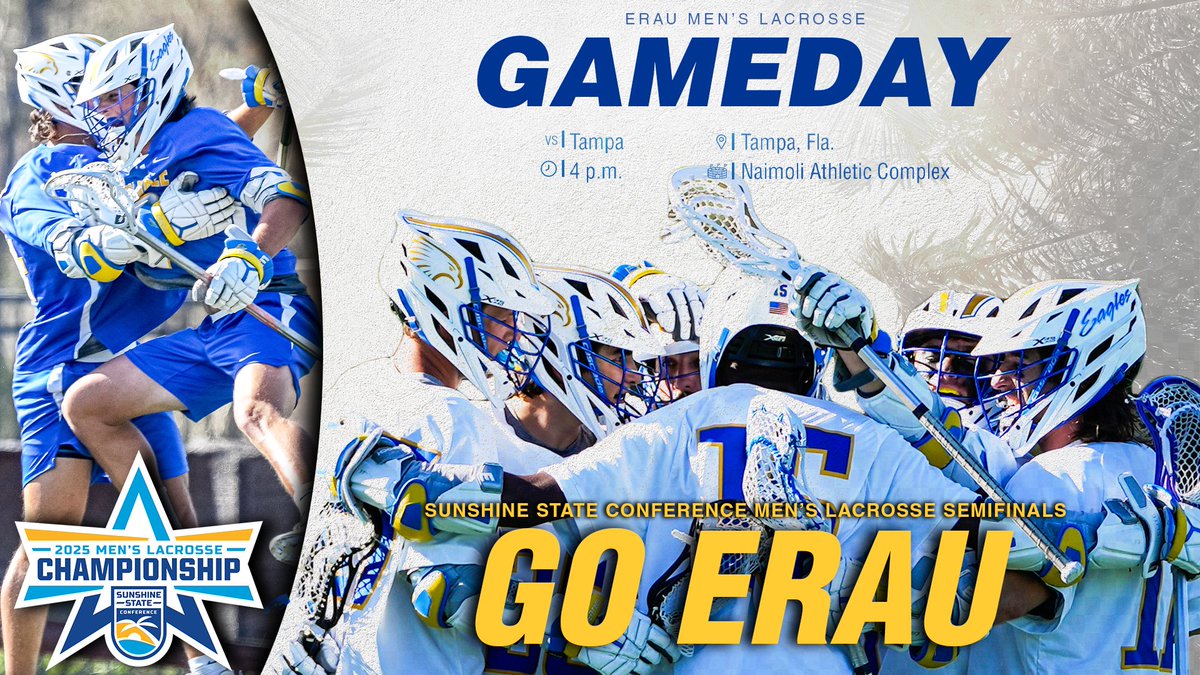Embry-Riddle Men’s Lacrosse (@eraumlax) on Twitter photo Postseason Game Day!
🏆 <a href="/D2SSC/">Sunshine State Conference</a> Semifinals
🦅 at <a href="/UTampaMLax/">Tampa Men's Lacrosse</a>
⏱ 4 PM
📍Tampa, Fla.
🖥 erauathletics.com/live
📈 statbroadcast.com/events/statbro…
#GoERAU #DaytonasHometownTeam Postseason Game Day!
🏆 <a href="/D2SSC/">Sunshine State Conference</a> Semifinals
🦅 at <a href="/UTampaMLax/">Tampa Men's Lacrosse</a>
⏱ 4 PM
📍Tampa, Fla.
🖥 erauathletics.com/live
📈 statbroadcast.com/events/statbro…
#GoERAU #DaytonasHometownTeam