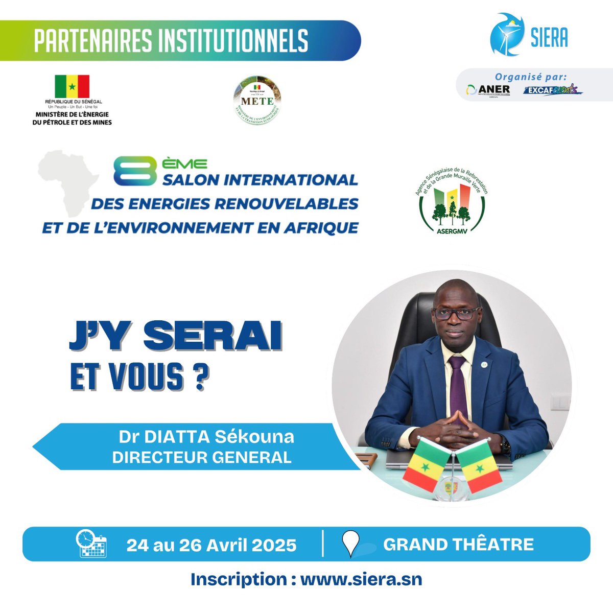 Le Dg de l’ASERGMV, Dr Sékouna Diatta, a le plaisir de vous inviter à visiter le stand de l’ASERGMV à l’occasion de la 8e édition du Salon International des Energies Renouvelables et de l’Environnement en Afrique (SIERA), prévue du 24 au 26 avril au Grand Théâtre de Dakar.