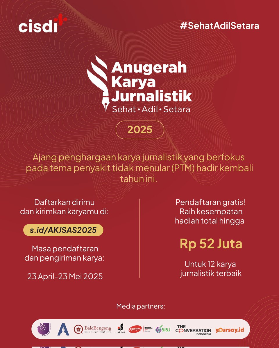 Anugerah Karya Jurnalistik Sehat • Adil • Setara 2025 hadir kembali.

Mari kumpulkan karya-karya jurnalistik terbaik bertemakan penyakit tidak menular (PTM).

Kirimkan segera karyamu melalui link berikut di: 

s.id/AKJSAS2025

#AKJSAS2025 #AnugerahKaryaJurnalistik