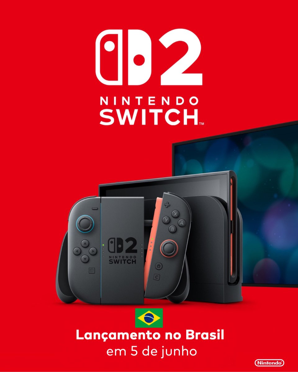 nintendosbrasil's tweet photo. Nintendo Switch 2 chega ao Brasil em 5 de junho

A Nintendo anunciou oficialmente que o Nintendo Switch 2 será lançado no Brasil no dia 5 de junho. O console terá preço sugerido de R$ 4.499,90, e haverá também um pacote com o jogo Mario Kart World (versão digital) por R$ 4.799,90.

Os jogos Mario Kart World e Donkey Kong Bananza, ambos com localização em português do Brasil, terão preços sugeridos de R$ 499,90 e R$ 439,90, respectivamente.

A pré-venda no varejo brasileiro começa em breve em lojas selecionadas.