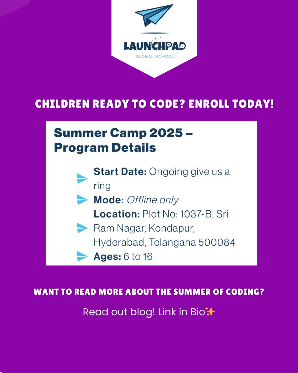 launchpad_sch's tweet image. The Summer of Coding is here at LaunchPad Global School!

Perfect for beginners and young tech-lovers! 
Our blog: thelaunchpad.school/blog/coding-cl…

Open to children from all schools!

Call us at 8143675416 or DM to register.