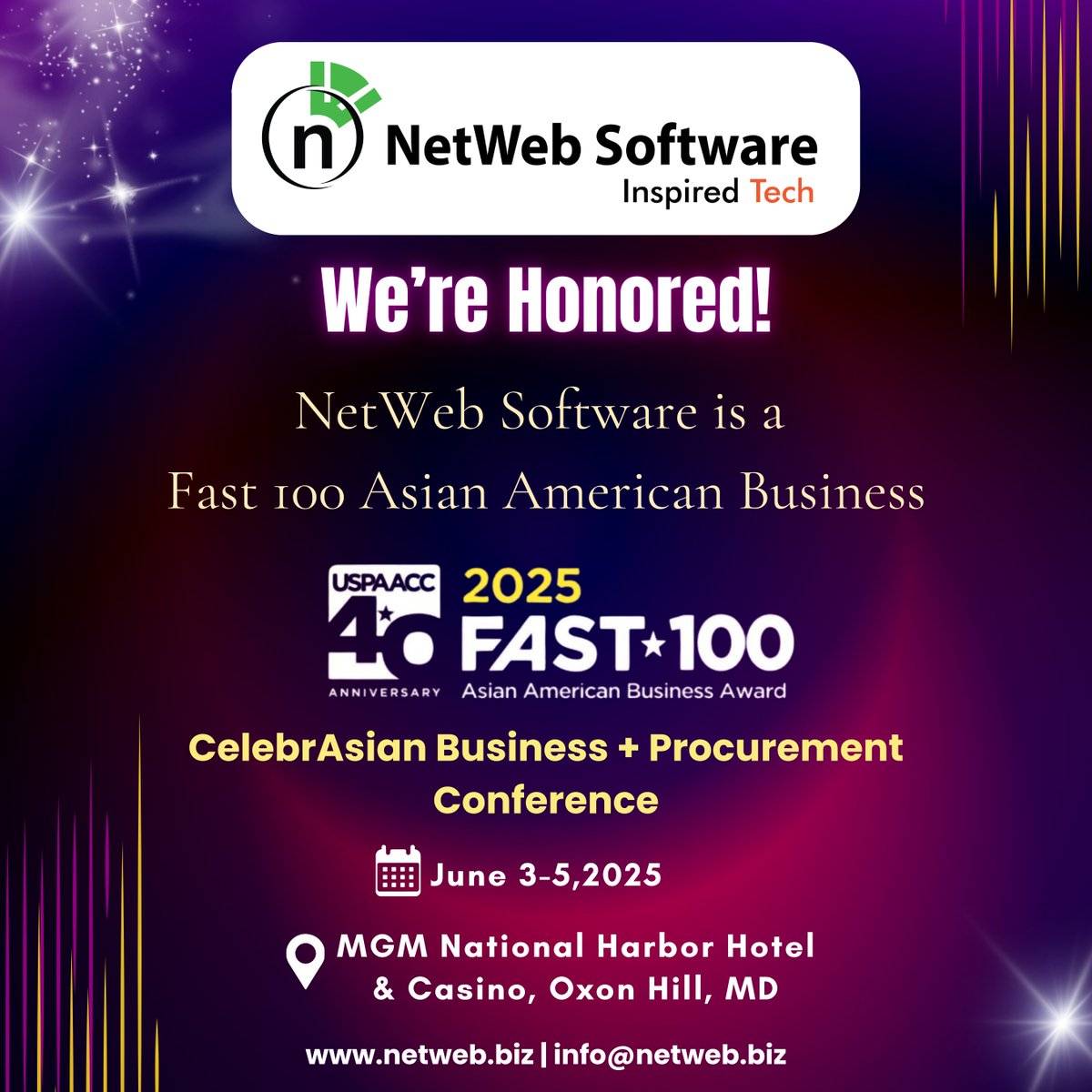 netwebsoftware's tweet image. #NetWebSoftware is honored to be named a 2025 FAST 100 Award Winner by @USPAACC ! Join us at #CelebrASIAN2025, June 3–5 at MGM National Harbor. Read more: bit.ly/4jpikPG
#FAST100 #DiversityInBusiness #InspiredTech