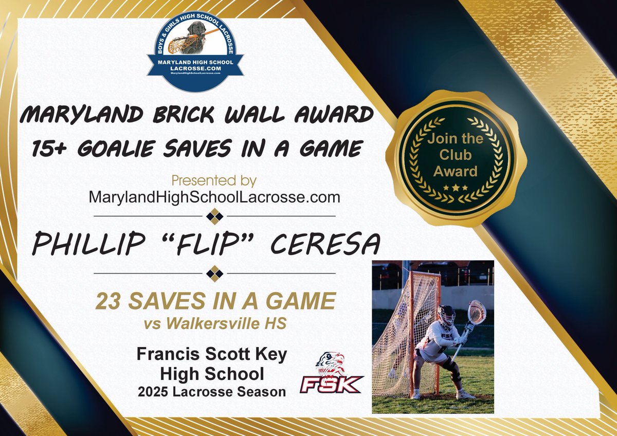 Congrats Phillip “Flip” Ceresa Francis Scott Key HS Lacrosse. He has earned this prestigious award 5-times this season. College Coaches…check him out!
MarylandHighSchoolLacrosse.com