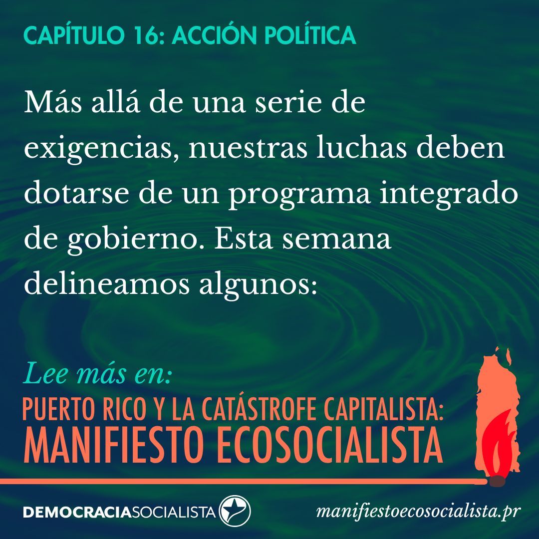⚙️ Las luchas sociales deben traducirse en un programa de gobierno que transforme la economía y lo público. 
Aprende sobre algunas de las políticas públicas que apoyamos en el nuevo capítulo del 🌹Manifiesto Ecosicialista: manifiestoecosocialista.pr/#accion-politi…