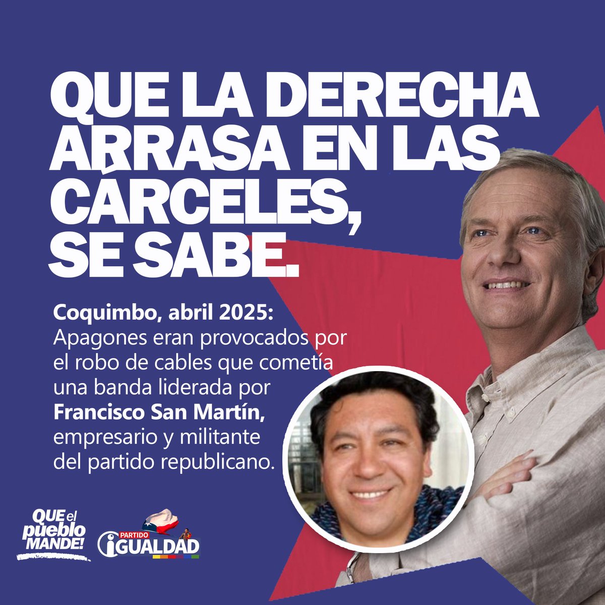 5 kilómetros de cables fue su último golpe, miles de personas sin luz por varios días. Así es que un republicano promedio mata dos pájaros de un tiro: muchas lucas para el bolsillo, mucho pánico en la población.

Esquema clásico.