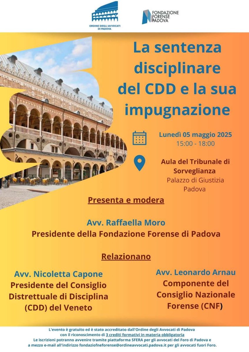 Il procedimento disciplinare, in particolare il regime delle impugnazioni dal Consiglio Distrettuale di Disciplina al Consiglio Nazionale Forense: ne parliamo con gli Avv.ti Nicoletta Capone Presidente C.D.D. Veneto e <a href="/ArnauLeonardo/">Leonardo Arnau</a> Consigliere C.N.F. 
Appuntamento il 5 maggio.