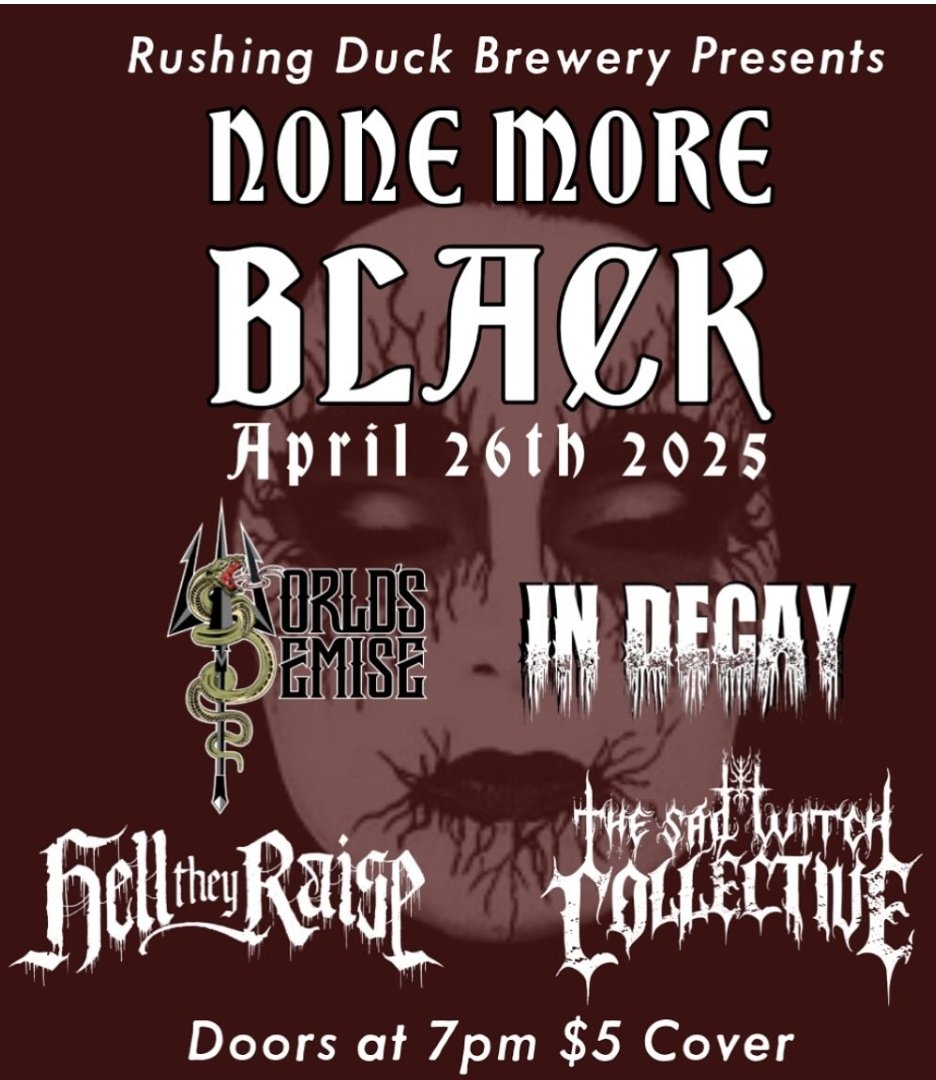 None More Black is this Saturday! 
On Saturday April 26th, it’s that time again where Metal music will be filling the tasting room! 

The details:
Doors are at 7pm. $5 cover. Bands start at 8pm.
Nee Nee's Kitchen will be serving all day! 

Don’t miss out!