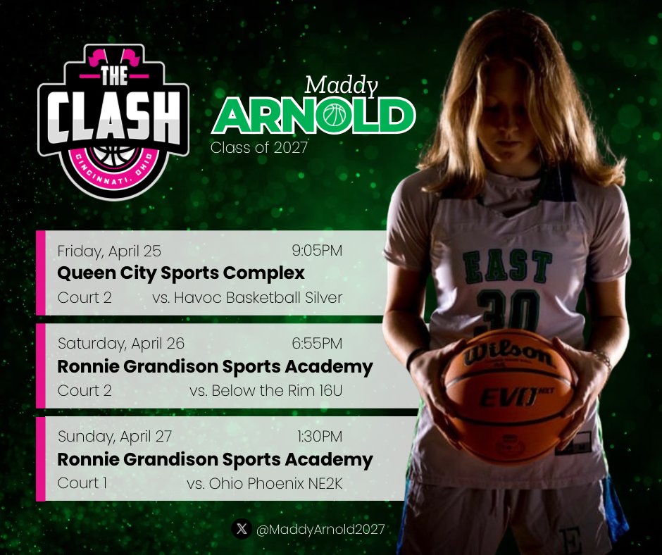 Daniel Arnold (@daniel7arnold) on Twitter photo The Clash Hamilton Ohio
+Saturday 9:05pm Ronnie Grandison Sports Academy (court 3) vs Bluff City
<a href="/MaddyArnold2027/">Maddy Arnold</a>
<a href="/RichmondHeat1/">RichmondHeat</a>
<a href="/PGHAkeem/">Akeem Webb</a>
<a href="/alyxwhite_/">Alyx White</a>
<a href="/vaughtsviews/">Vaughts' Views</a>
<a href="/NE2KHoops/">NE2KHoops</a>
<a href="/PGHKentucky/">Prep Girls Hoops Kentucky</a>
<a href="/TFrith27/">Travis Frith</a>
<a href="/CoachTribble45/">Coach Tribble</a>
Thank you <a href="/jmuncy/">Jeremy Muncy</a> for the graphic design! The Clash Hamilton Ohio
+Saturday 9:05pm Ronnie Grandison Sports Academy (court 3) vs Bluff City
<a href="/MaddyArnold2027/">Maddy Arnold</a>
<a href="/RichmondHeat1/">RichmondHeat</a>
<a href="/PGHAkeem/">Akeem Webb</a>
<a href="/alyxwhite_/">Alyx White</a>
<a href="/vaughtsviews/">Vaughts' Views</a>
<a href="/NE2KHoops/">NE2KHoops</a>
<a href="/PGHKentucky/">Prep Girls Hoops Kentucky</a>
<a href="/TFrith27/">Travis Frith</a>
<a href="/CoachTribble45/">Coach Tribble</a>
Thank you <a href="/jmuncy/">Jeremy Muncy</a> for the graphic design!