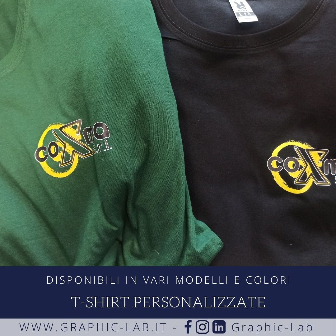 Stampa t-shirt disponibili in vari modelli e colori personalizzate con stampa serigrafia, digitale, DTF o sublimazione. Maggiori info sul sito: graphic-lab.it/t-shirt