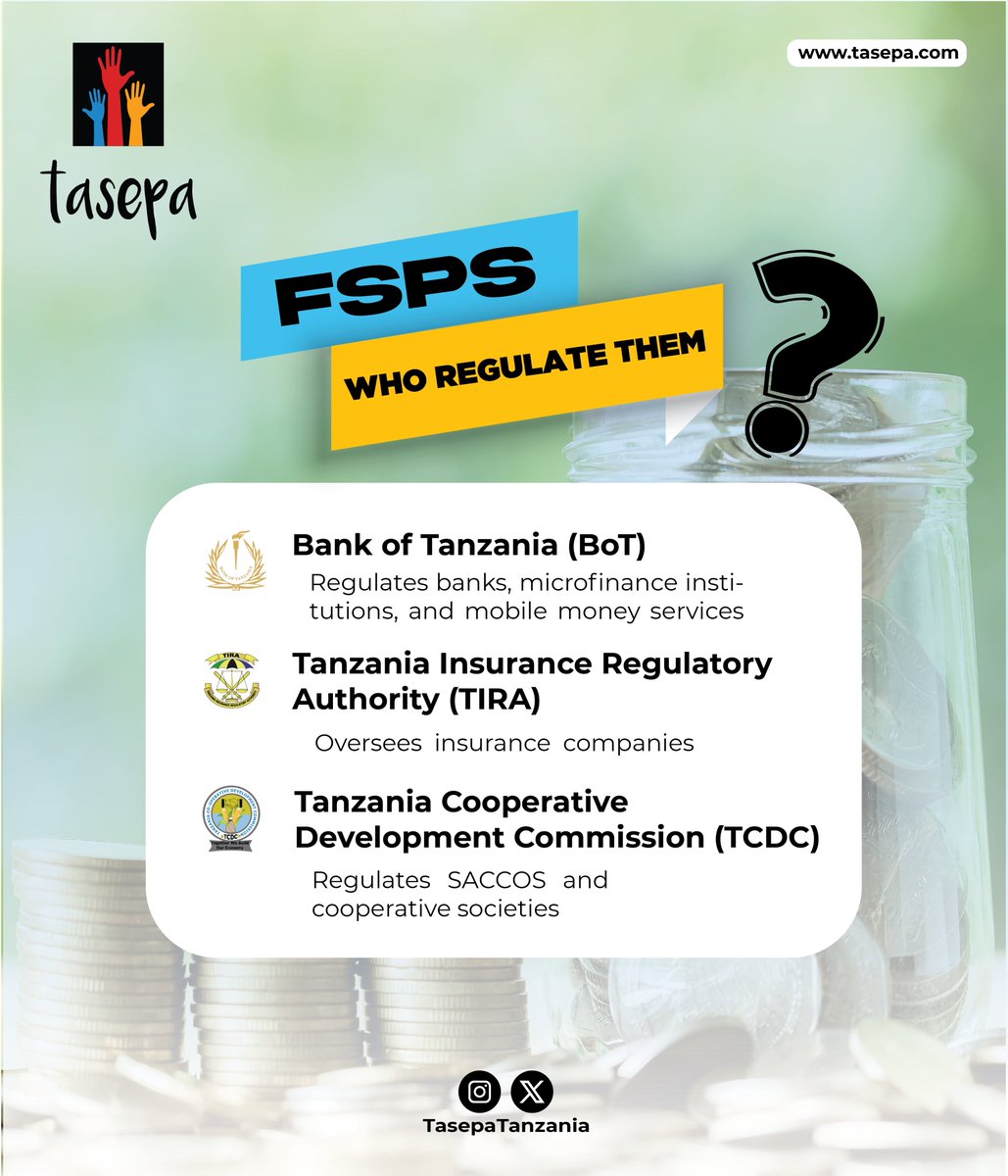 "Who watches your money in TZ? 🤔 

🏦 Bank of Tanzania (BoT): Banks, mobile money, microfinance. 
🛡️ TIRA: Insurance. 
🤝 TCDC: SACCOS &amp; co-ops. 

Understanding financial regulation builds trust.