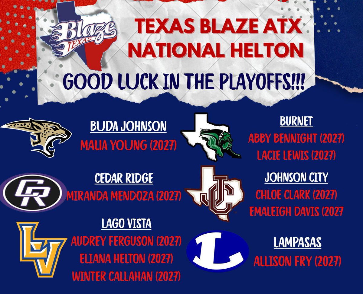 Here we go with high school playoffs!   Proud of these young ladies!

<a href="/ChloeClark2027/">Chloe Clark</a> <a href="/elianahelton34/">Eliana Helton</a> <a href="/kaylacole1909/">Lacie Lewis</a> <a href="/maliayoung09/">malia young</a> <a href="/mmm22sb/">Miranda Mendoza</a> <a href="/winterc2027/">Winter Callahan 2027</a> <a href="/AllisonFry36115/">Allison Fry</a> <a href="/BlazeFastpitch/">Texas Blaze</a> 

#BeBlaze #brecruited #blazefastpitchsoftball #BlazeOn