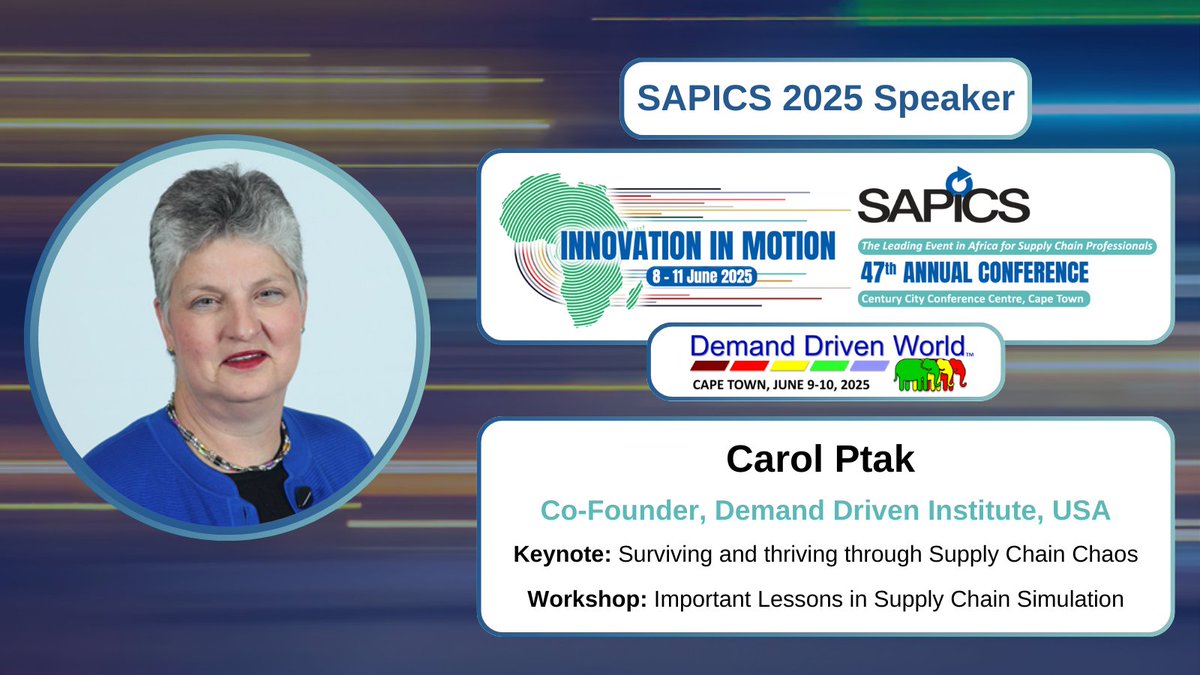 ddinstitute's tweet image. DDI Cofounder Carol Ptak will keynote the 47th Annual @SAPICS01  Conference and Demand Driven World 2025 in Cape Town this June. Learn more: conference.sapics.org
#DDW2025 #SAPICS2025 #supplychaininnovation #supplychainresilience #thoughtware #supplychainconference