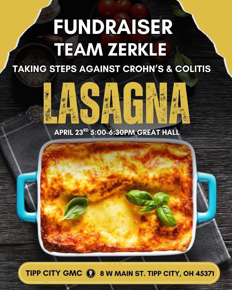 🚨TONIGHT🚨

Chef Joe’s famous lasagna is on the menu this evening at Tipp City GMC. Dinner includes sides, dessert, and a drink. Every meal helps to benefit #TeamZerkle and our fight to find treatments and cures for #IBD.

💸: $5 person/$15 family
⏰: 5-6:30pm
📍: 8 W. Main St.