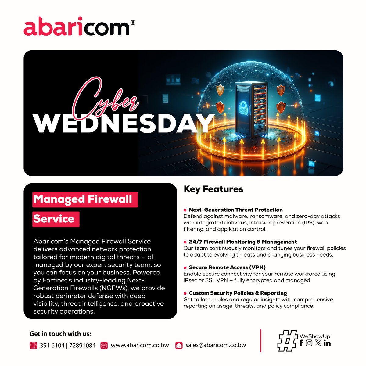 Keep threats out and business flowing.

Abaricom’s Managed Firewall service ensures 24/7 protection, monitoring, and policy management so your network stays secure and compliant.

#CyberSecurity