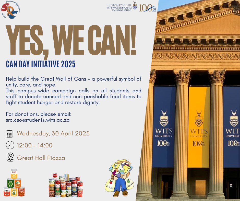 Help us help others! The Wits SRC is collecting canned and non-perishable food donations to support those in need. Every item makes a difference. Drop off your donations and be a part of the change!
