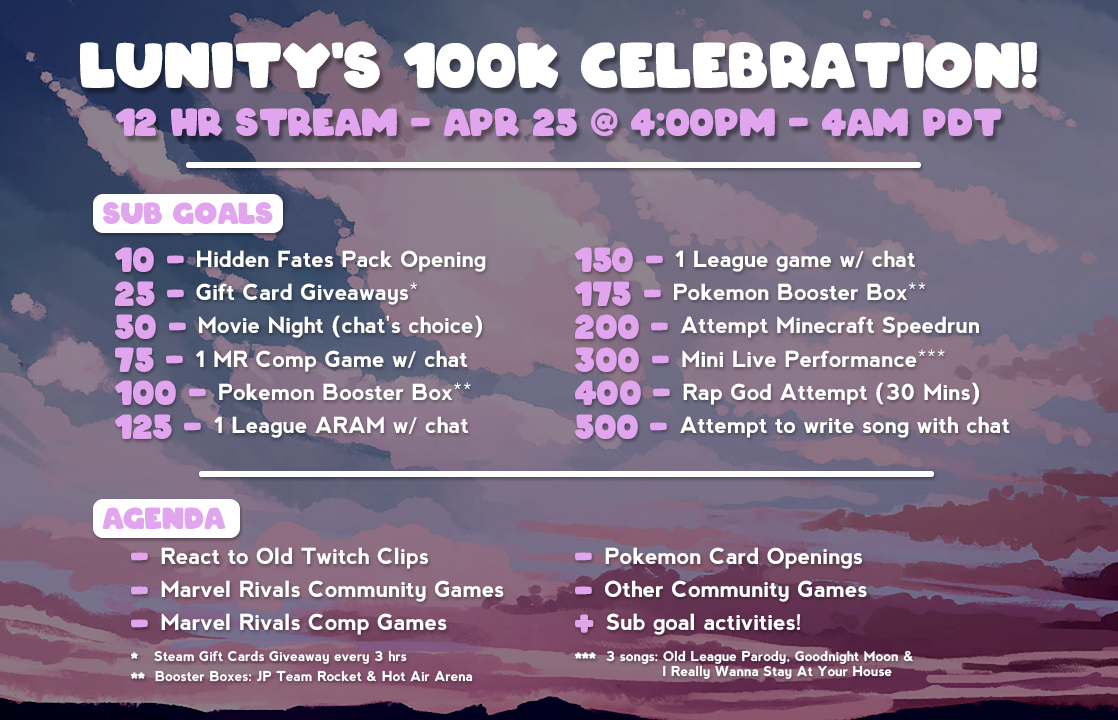 lunityy's tweet photo. I'm doing a 12hr stream THIS FRIDAY to celebrate reaching 100k followers on Twitch!! 💜got a lot of fun incentives, would love if you could join us! 🥳

Apr 25 @ 4pm - 4am PDT 🎉
SEE YOU THEN! https://t.co/O5tMjkRXDa