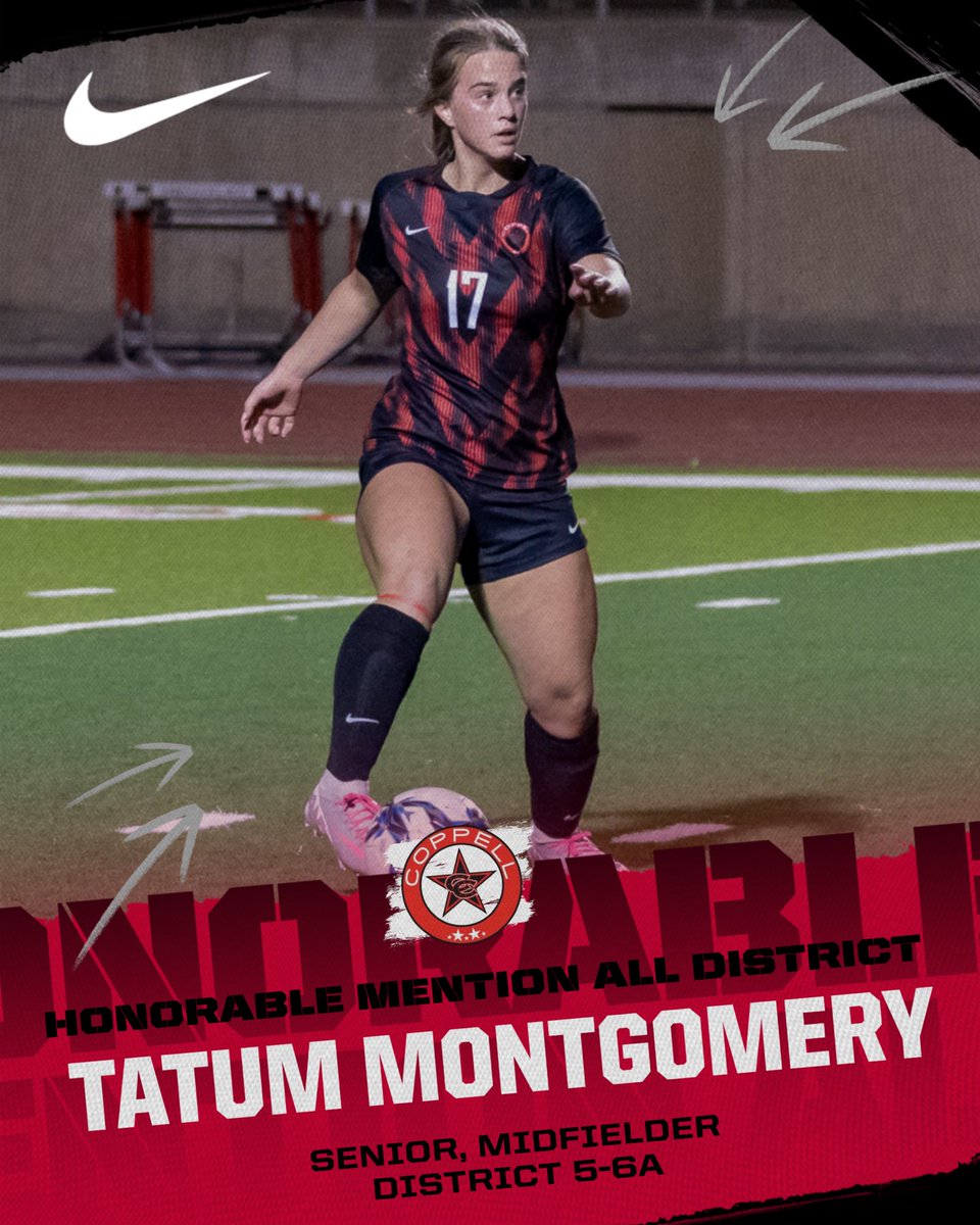 Congratulations to <a href="/TateMont17/">Tatum Grace Montgomery 2025</a> for earning Honorable All Mention District this season. Tatum is a dominant holding midfielder with great vision and passing. She is a threat to score from distance and we know she will do amazing things at McMurry University