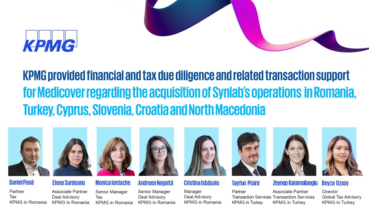We are very pleased to announce that KPMG provided financial and tax due diligence and related transaction support for Medicover regarding the acquisition of Synlab’s operations in Romania, Turkey, Cyprus, Slovenia, Croatia and North Macedonia. Read more linkedin.com/feed/update/ur…