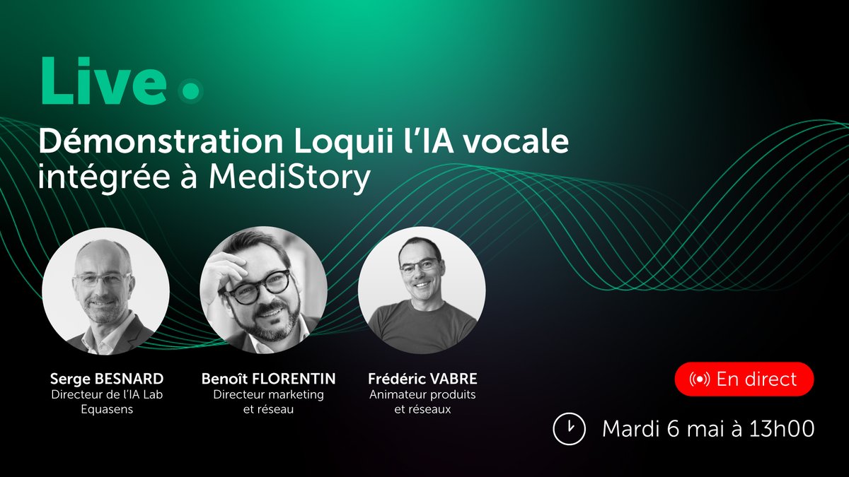 loquii_ai's tweet photo. [LIVE] Démonstration de l’#IA vocale Loquii intégrée à MediStory 🚀 Vous êtes curieux de voir jusqu’où peut aller l’IA vocale dans votre quotidien #médical ?

Rendez-vous 👇 
🕐 Mardi 6 mai à 13h00
👀 Gratuit et ouvert à tous
🔴 En direct sur Youtube

https://t.co/mKV3Tva2z8 https://t.co/juX7eWqUm5