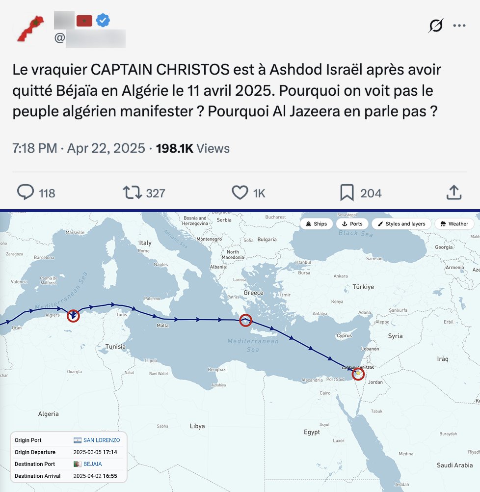 UnionAlgerienne's tweet photo. Une fake news, qui circule largement depuis quelques heures, revendique (une fois de plus) un lien supposé entre l'Algérie et Israël avec un soit disant transfert de marchandise.

❌ Le navire Captain Christos en question, chargé de maïs et de soja, a quitté l'Argentine 🇦🇷, a déposé ses marchandises à Béjaïa 🇩🇿, puis est parti pour Vatika en Grèce 🇬🇷 et non pour Israël comme on peut le voir.

D'ailleurs, l'Algérie n'a pas chargé de marchandises sur ce navire, comme l'indique l'historique des données AIS. Elle n'a pas non plus à contrôler les prochaines destinations du navire, qui ne lui appartient pas.

Il faudra bien, à un moment donné, cesser de rejeter sur les autres la responsabilité des relations avec l'entité sioniste et prendre ses responsabilités en les dénonçant.