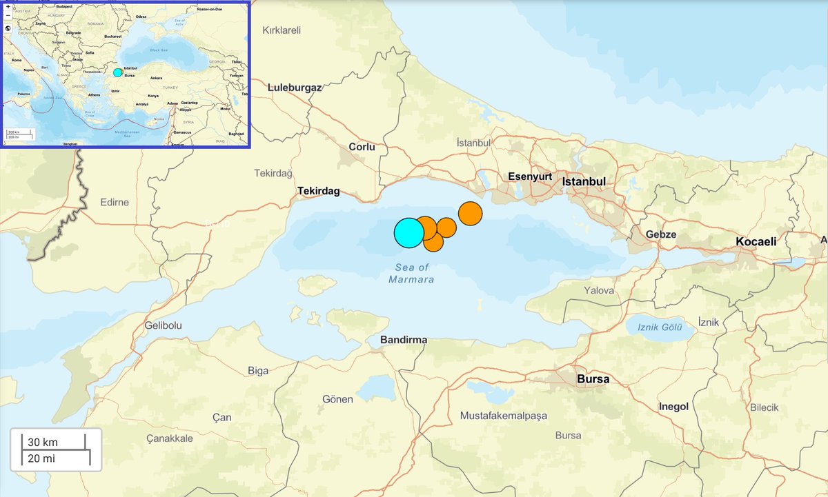 Harry39426204's tweet photo. #Turkey #Earthquake Update

More #aftershocks reported following the M6.2 event that occurred in the Sea of #Marmara, SW of #Istanbul

M 6.2 - 21 km SE of Marmara Ereğlisi, Turkey
Location 40.840°N 28.142°E 
Depth 10.0 km
Time 2025-04-23 09:49:10 (UTC)
[USGS] https://t.co/d27QydYFDh