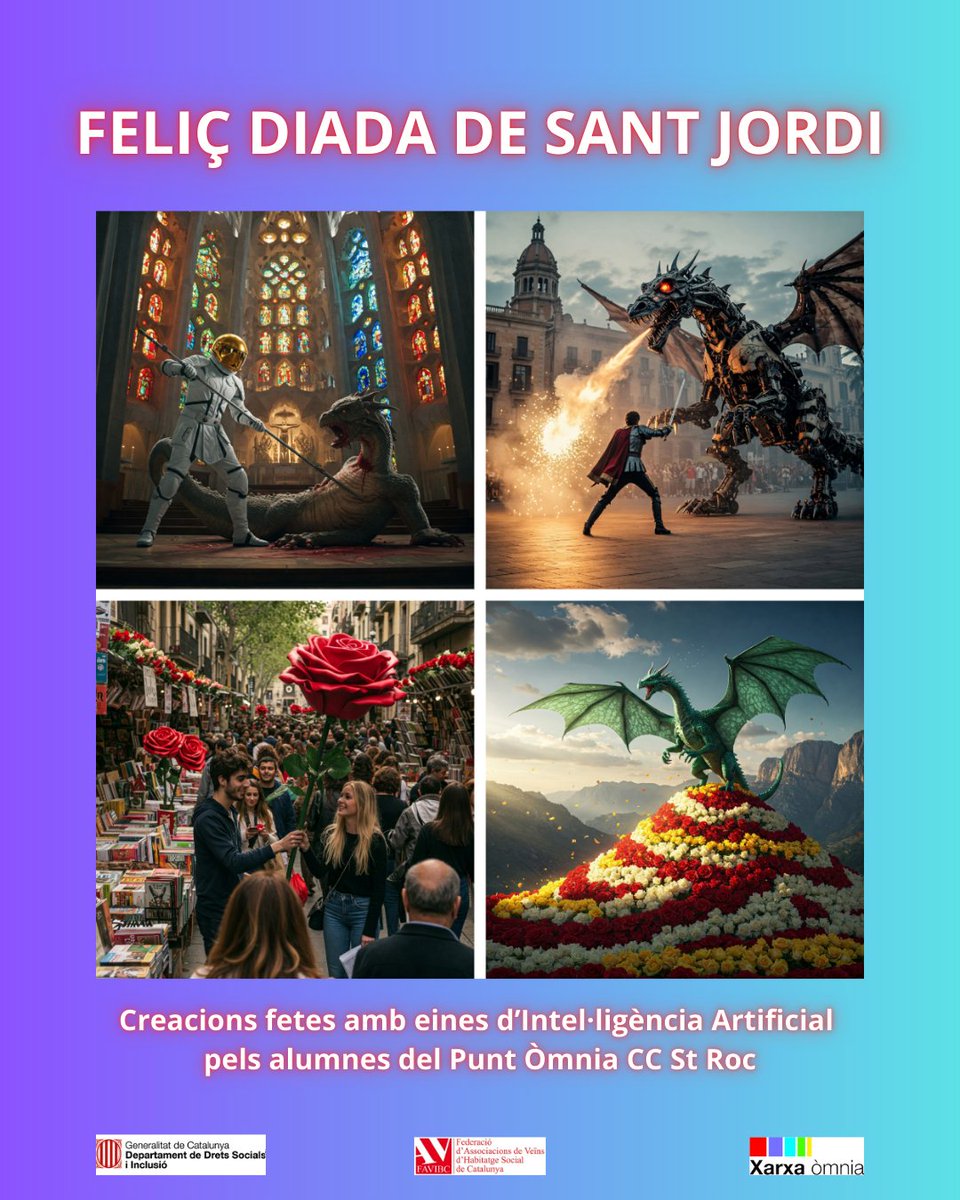 Els participants del Punt Òmnia van interactuar amb eines d'intel·ligència artificial mitjançant la la creació de prompts originals per desitjar-us una Feliç Sant Jordi!
<a href="/xarxaomnia/">Xarxa Òmnia</a>  <a href="/punttic/">Xarxa Punt TIC</a>  <a href="/LaFAVIBC/">LaFavibc</a>  #santjordiòmnia #santjordi #diadasantjordi #SantJordi2025