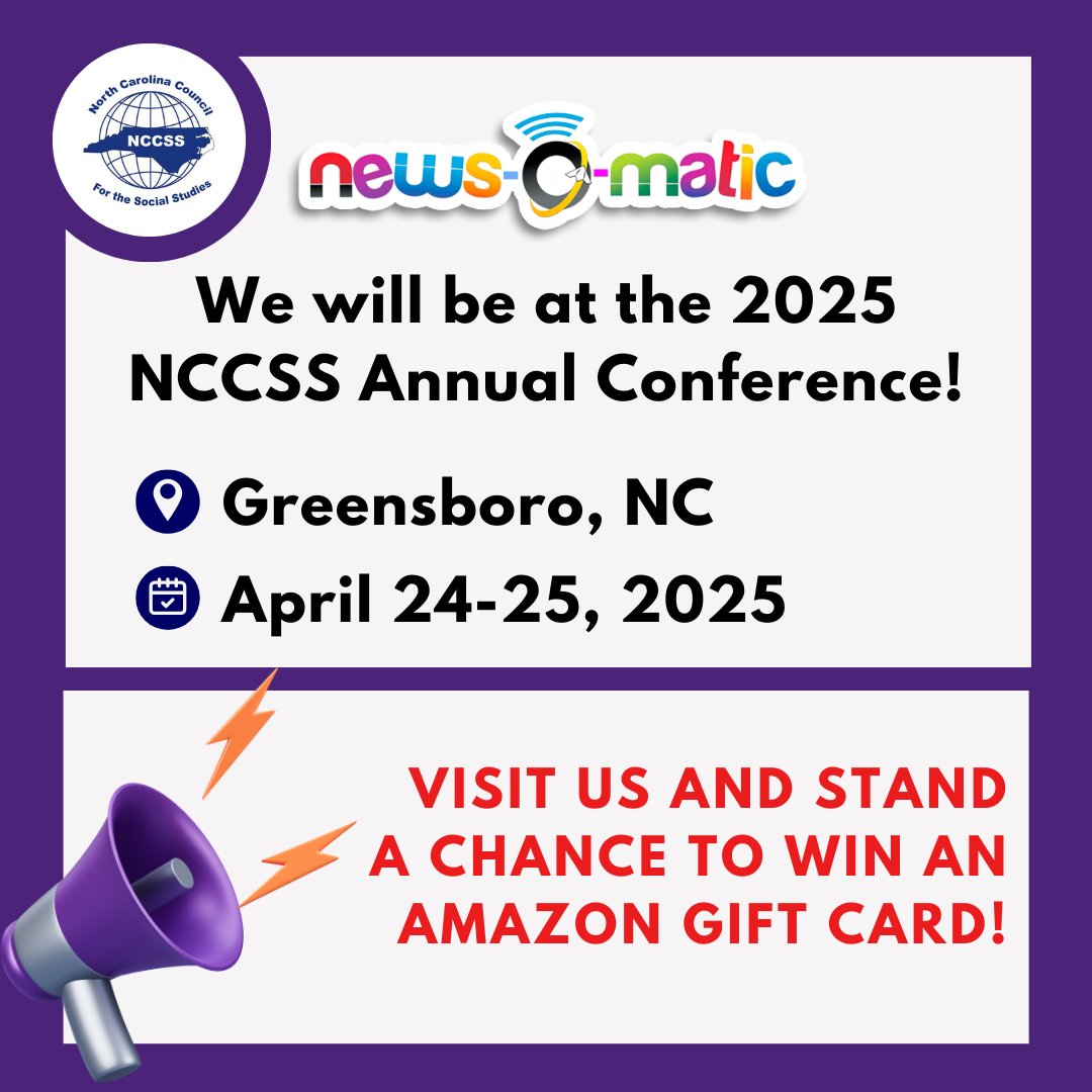 📣 Headed to the NCCSS Annual Conference 2025? Come say hi!

Our Chief Partnership Officer, Brandon Cohen, will be there from April 24–25. Swing by for a chance to win an Amazon Gift Card 🎁

#NCCSS2025 #EducationEvents #NewsOMatic