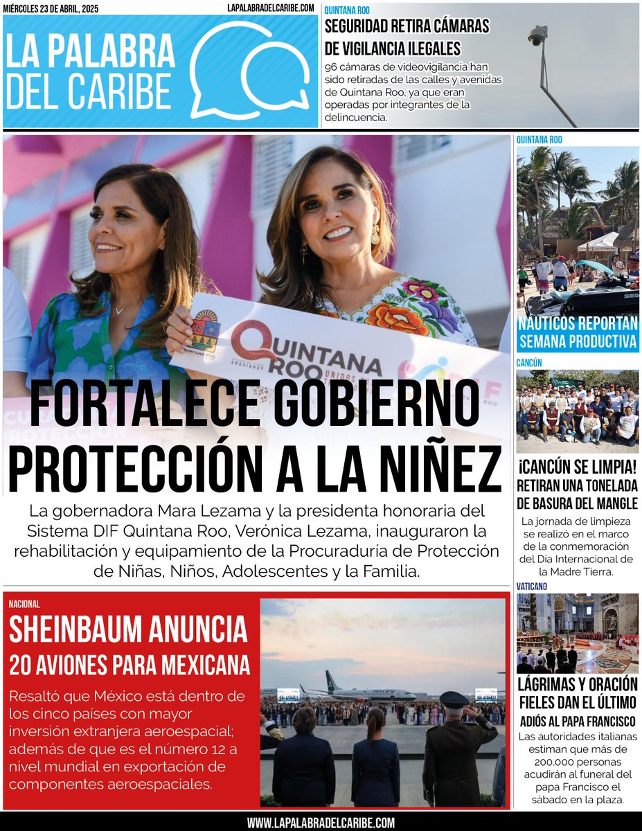 *[QROO]* Fortalece gobierno de Quintana Roo protección para la niñez: is.gd/GPstXR
---------
*[NACIONAL]* Sheinbaum anuncia 20 nuevos aviones para Mexicana de Aviación: is.gd/1z9KQC
--------
*[QROO]* Seguridad retira cámaras de vigilancia ilegales operados