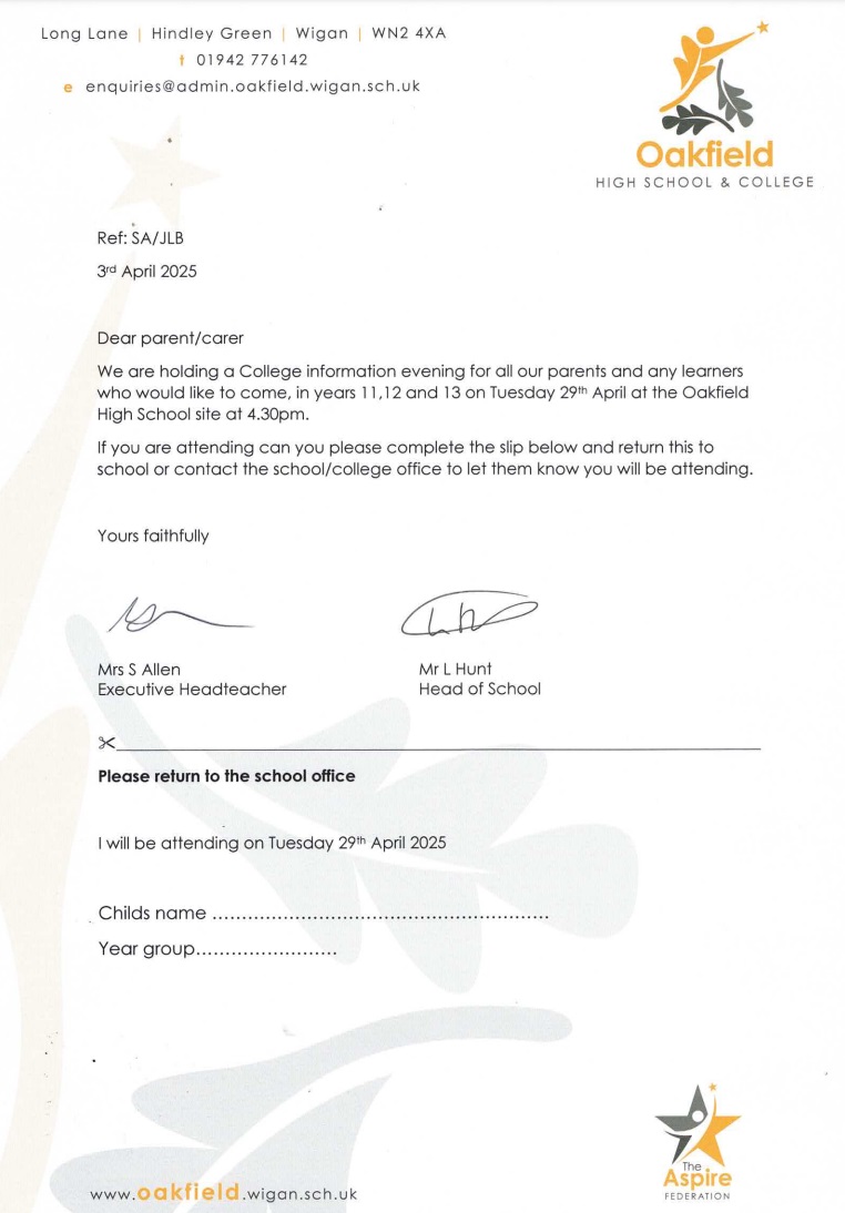 Parents/Carers - Y11,12 &amp; 13
We are holding a College information evening for all our parents and any learners who would like to come, in years 11,12 and 13.
Tuesday 29th April at Oakfield High School 4.30pm