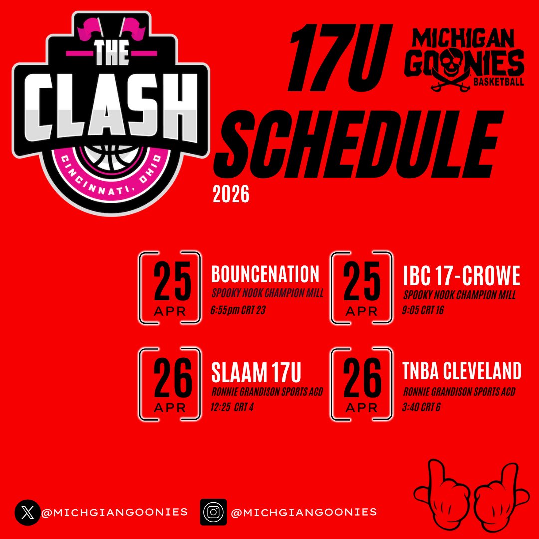 Michigan Goonies AAU (@michigangoonies) on Twitter photo 🚨 Schedule Alert 🚨 The Girls head to The Clash this weekend for the live period! #GoonieNation 🏴☠️🤘 <a href="/coach_lumbo/">Coach Lumbo</a> <a href="/BK2THEFULLEST/">Brandon Karas</a> <a href="/MichHSBball/">Mich HS Bball</a> <a href="/CoachEvanBell/">Evan Bell</a> 🚨 Schedule Alert 🚨 The Girls head to The Clash this weekend for the live period! #GoonieNation 🏴☠️🤘 <a href="/coach_lumbo/">Coach Lumbo</a> <a href="/BK2THEFULLEST/">Brandon Karas</a> <a href="/MichHSBball/">Mich HS Bball</a> <a href="/CoachEvanBell/">Evan Bell</a>