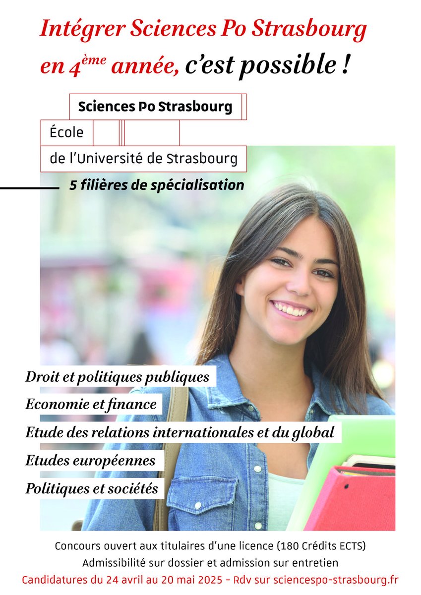 Intégrer <a href="/ScPo_Strasbourg/">Sciences Po Strasbourg</a> en 4ème année, c’est possible ! Concours spécifique.  ➡️Plus d'infos : sciencespo-strasbourg.fr/actualites/act…
Trouvez votre voie ! Rejoignez-nous !