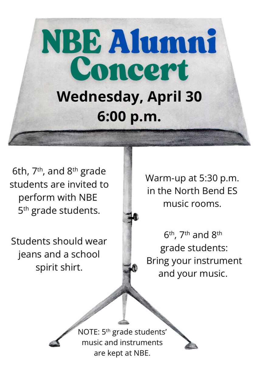 5th will be joining forces NEXT WEEK with HMS, ARMS, and HHS for our very first alumni concert! Mark your calendars for next Wednesday, April 30th. Students should arrive at 5:30 pm to warm up! 🎶 <a href="/HumbleISD_NBE/">North Bend Elementary</a> <a href="/NBE_Music/">NBE Music</a>