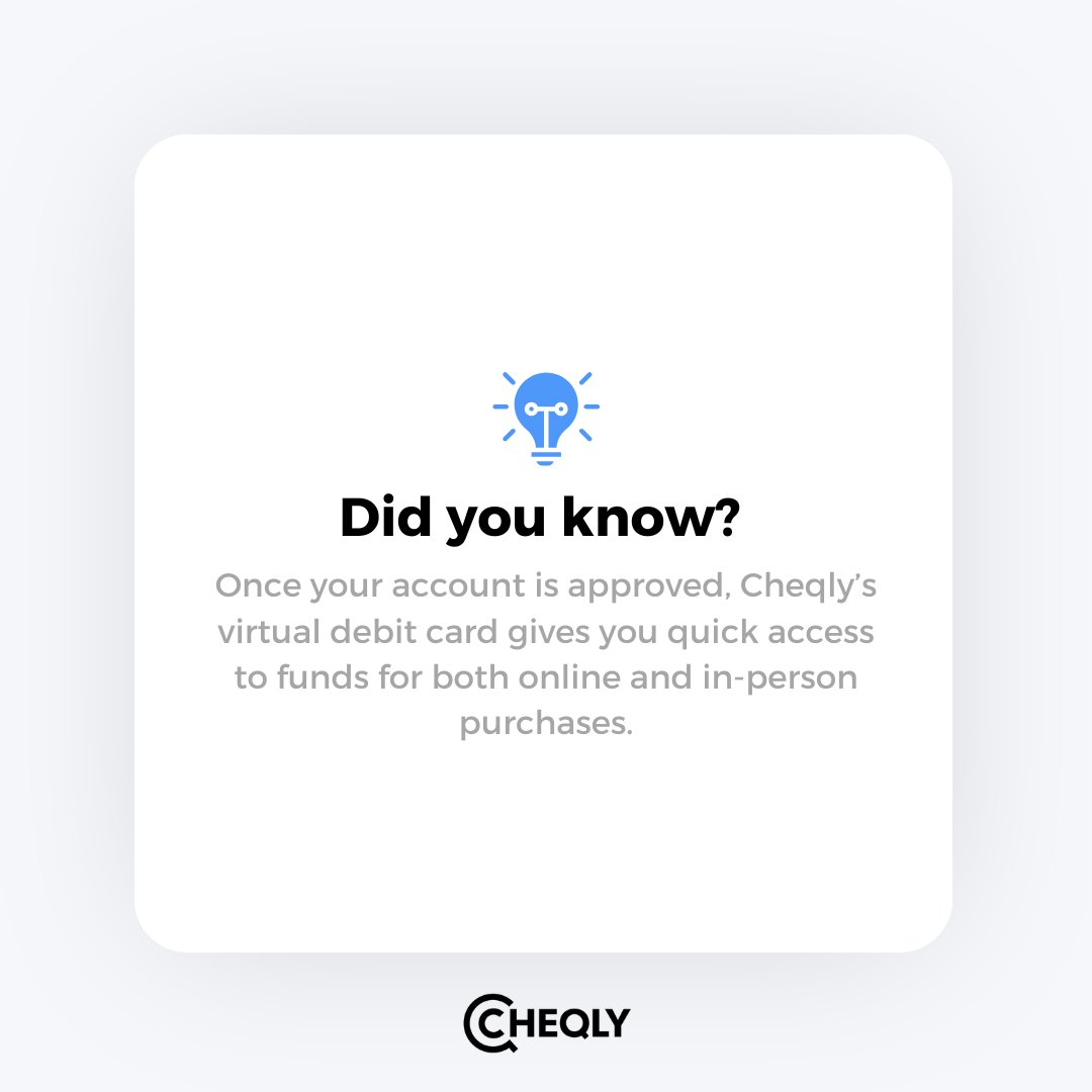 Cheqly_com's tweet photo. Did you know? Once your account is approved, Cheqly’s virtual debit card gives you quick access to funds for both online and in-person purchases.

Sign up now: https://t.co/1ToyaPyq2K

#VirtualDebitCard #BusinessAccount https://t.co/uCmXOTR8Pt